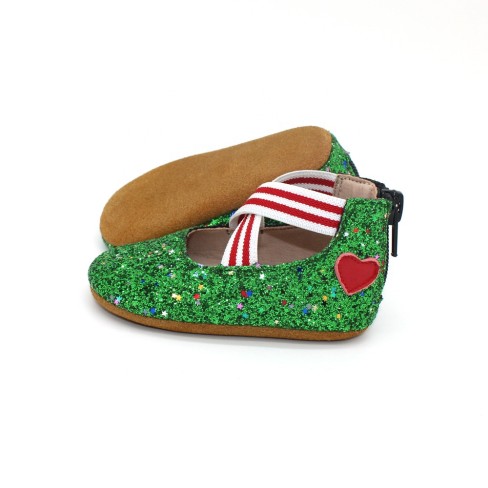 2023  ballet flats green glitter baby shoes with red heart