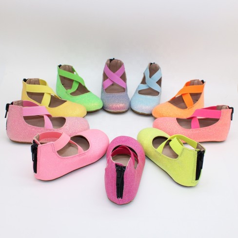 2023 hot sale  non color glitter leather baby kids flat shoes