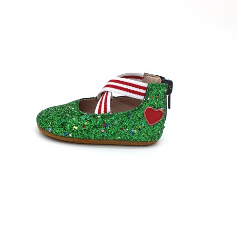 2023  ballet flats green glitter baby shoes with red heart